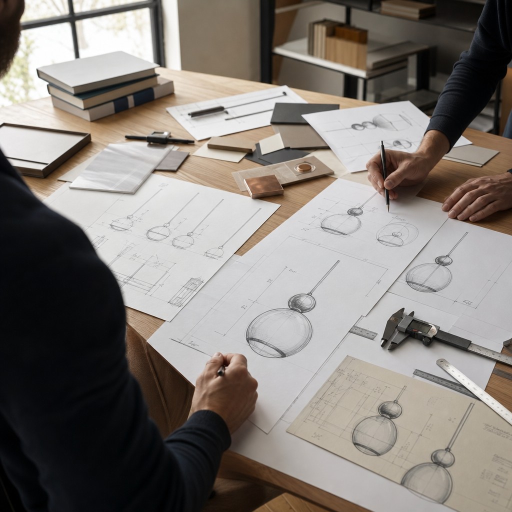 Ontwerptekeningen voor de Glintap lamp