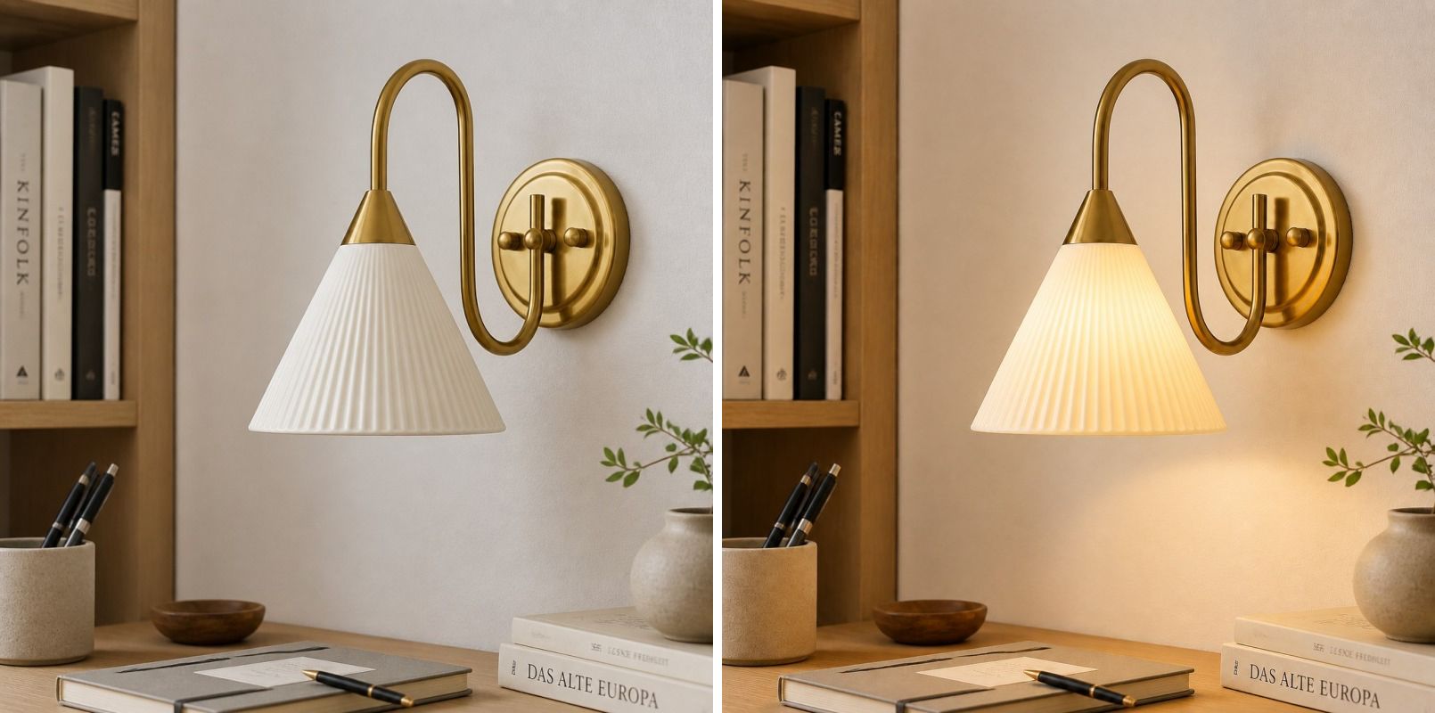 Vergelijking van wandlamp zonder en met licht