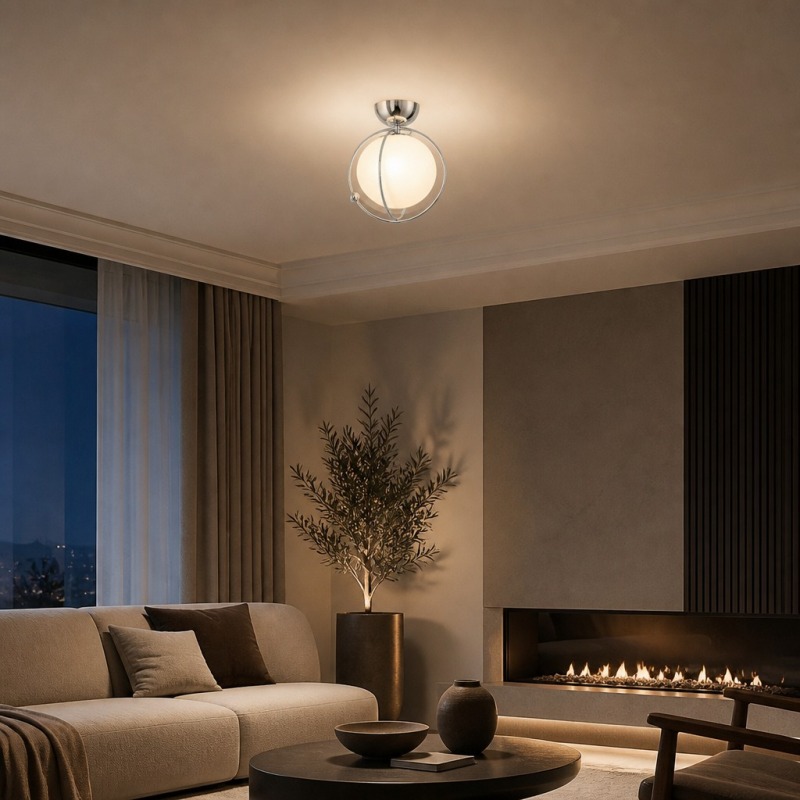 Kallera Planet plafondlamp in een woonkamer bij avond