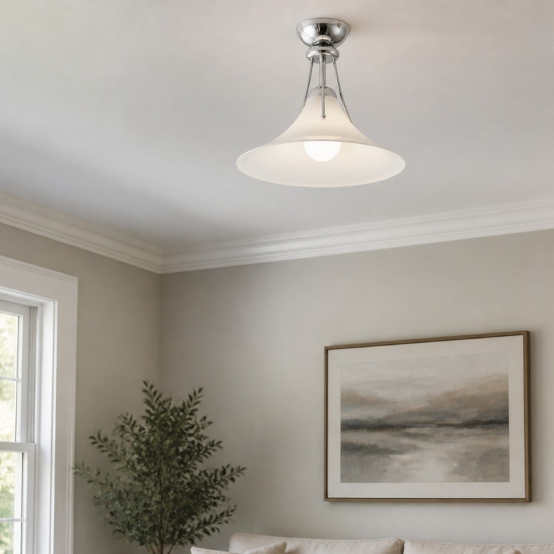 Lampada da soffitto Kallera Magnolia in una stanza con opere d'arte e piante