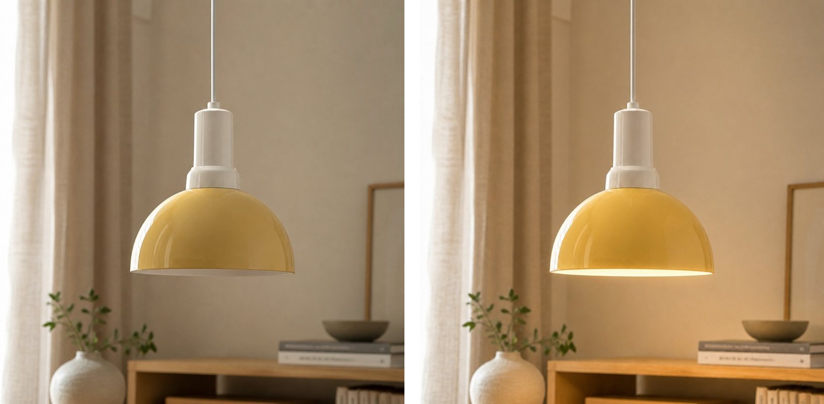 Vergelijking van Rummia hanglamp met licht aan en uit