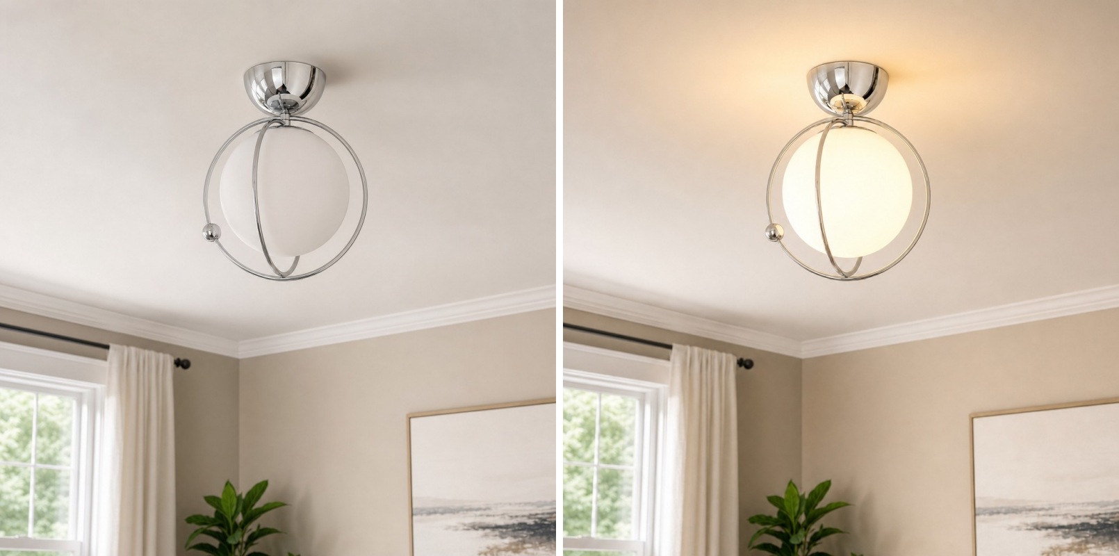 Vergelijking van de Kallera Planet plafondlamp uit en aan