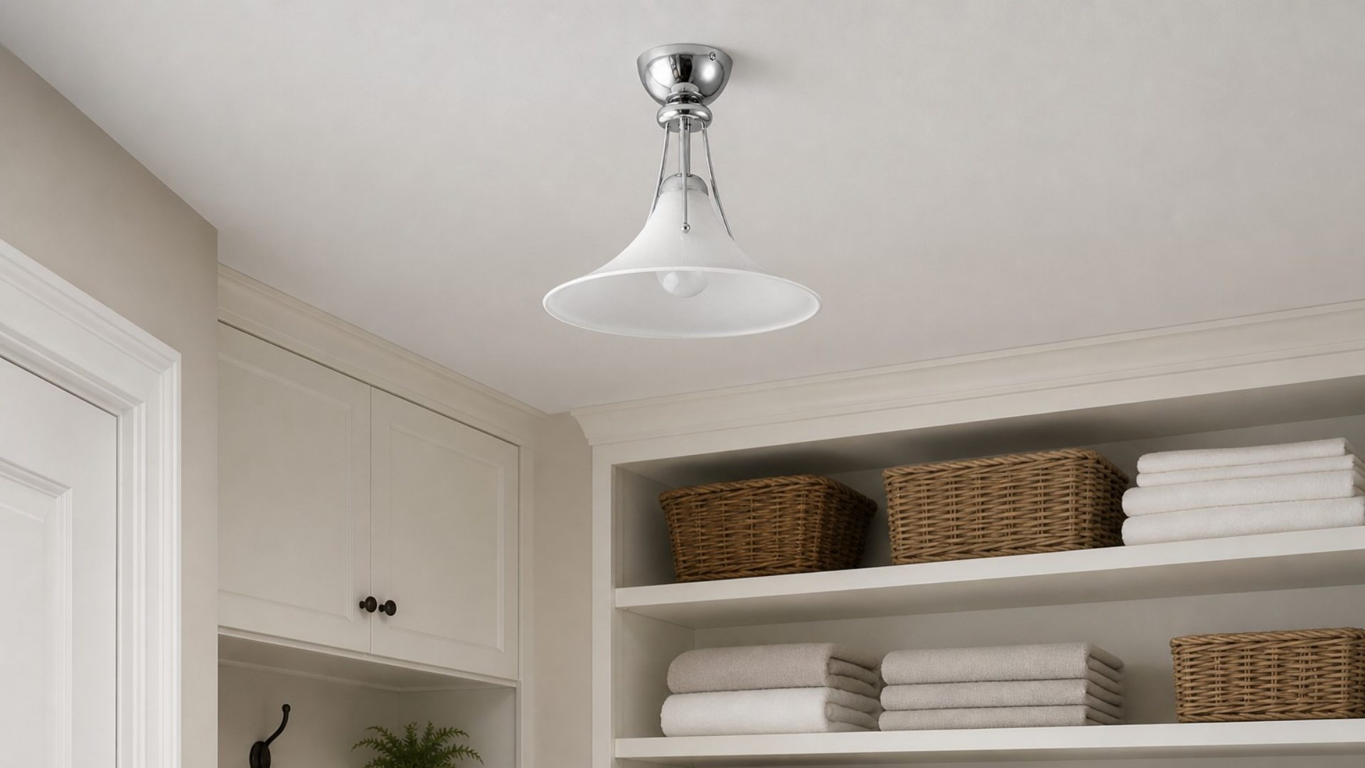 Lampada da soffitto Kallera Magnolia in un corridoio luminoso con armadi a muro