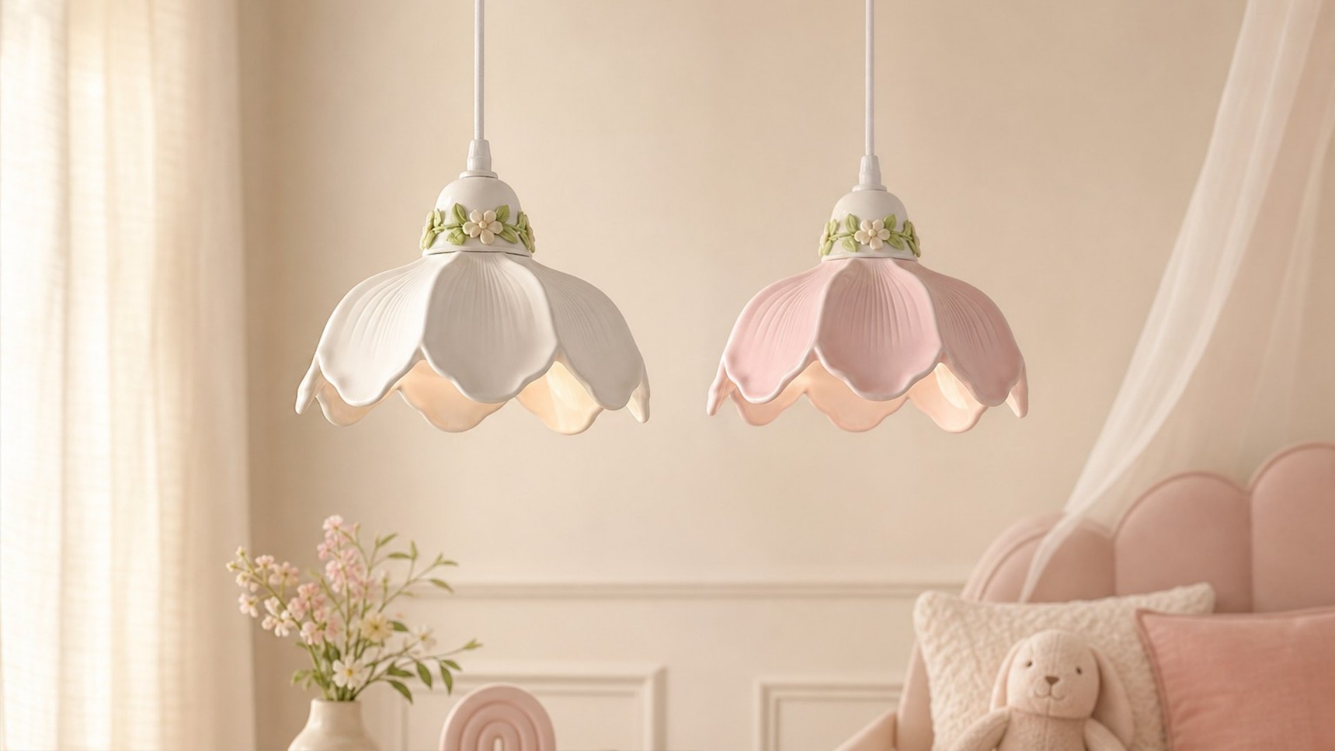 White and pink Cazelle flower pendant lamps in a bedroom