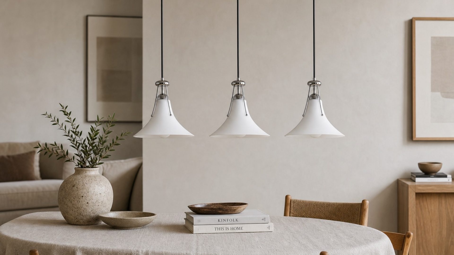 Drie Magnolia hanglampen in eetkamer