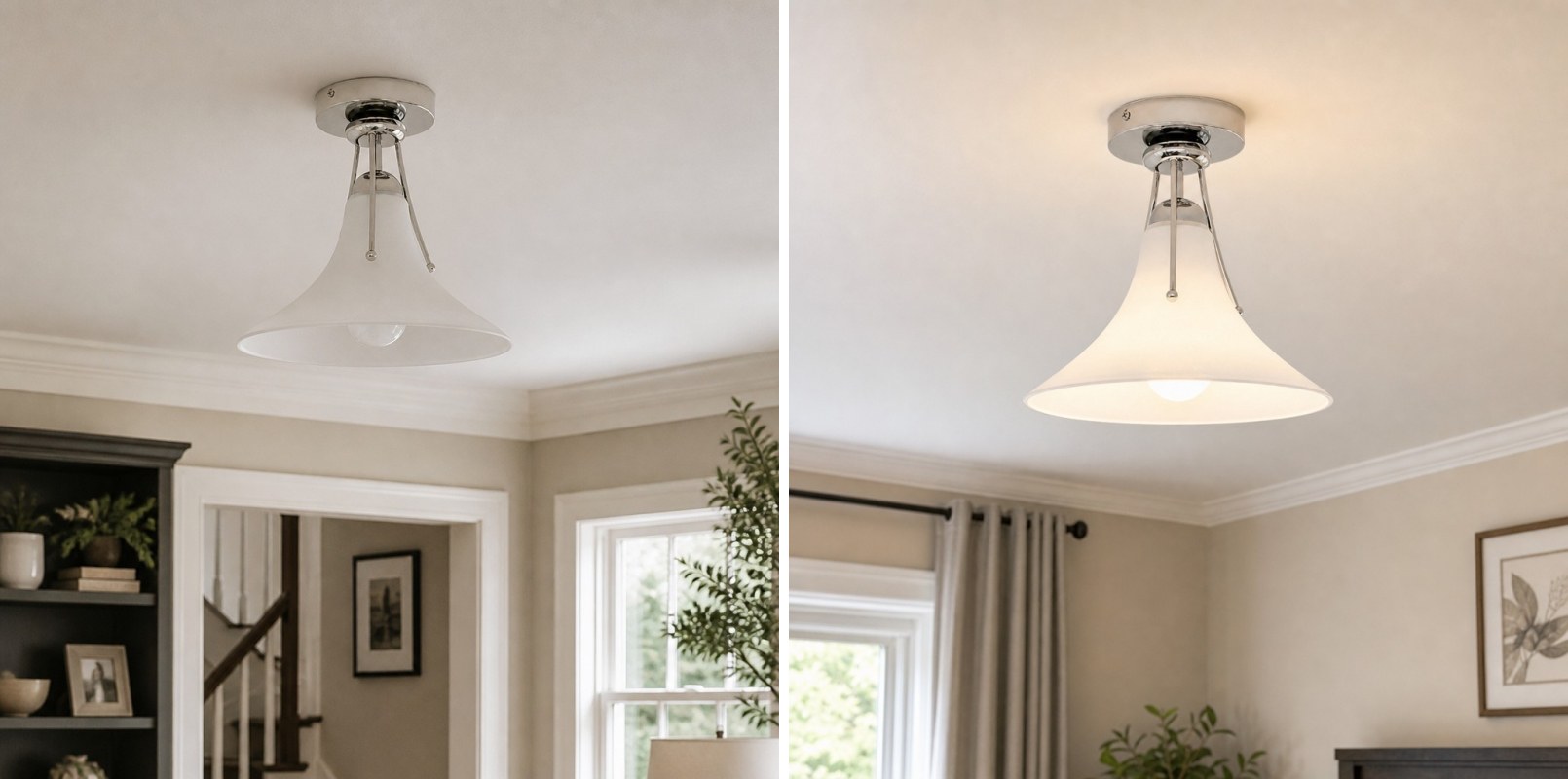 Vergelijking van de plafondlamp uit en aan