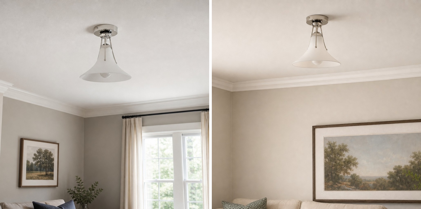 Twee interieurbeelden met de magnolia plafondlamp