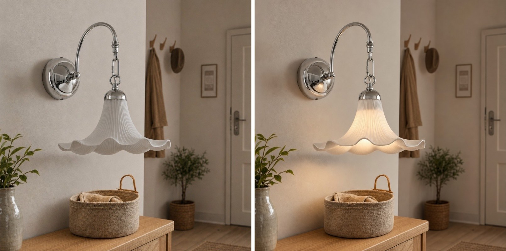 Vergelijking van de wandlamp met licht uit en licht aan