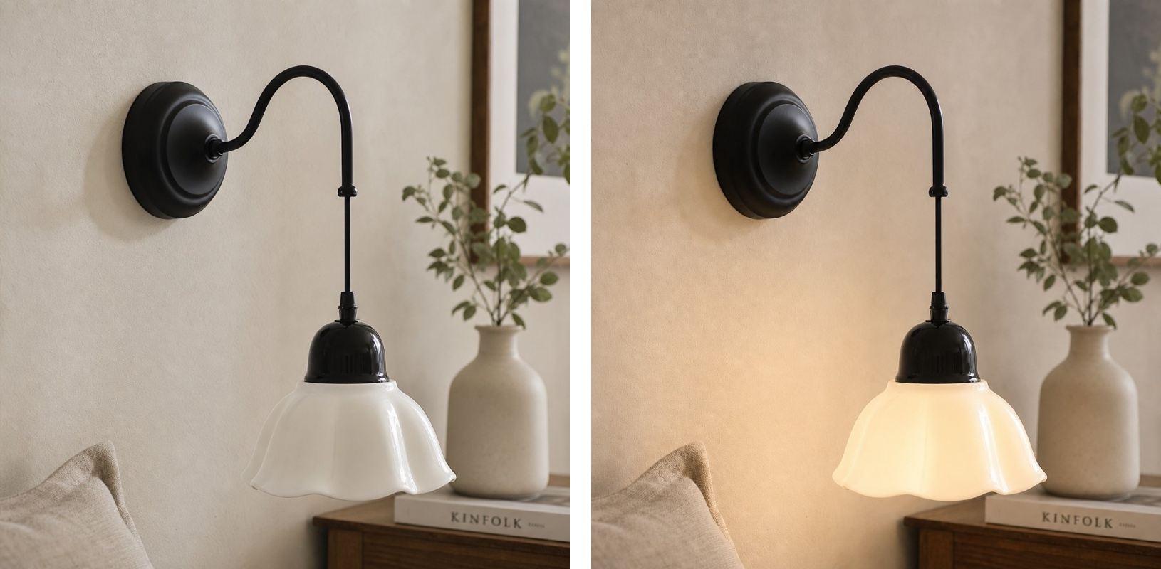 Vergelijking van de Cazelle wandlamp zonder en met licht