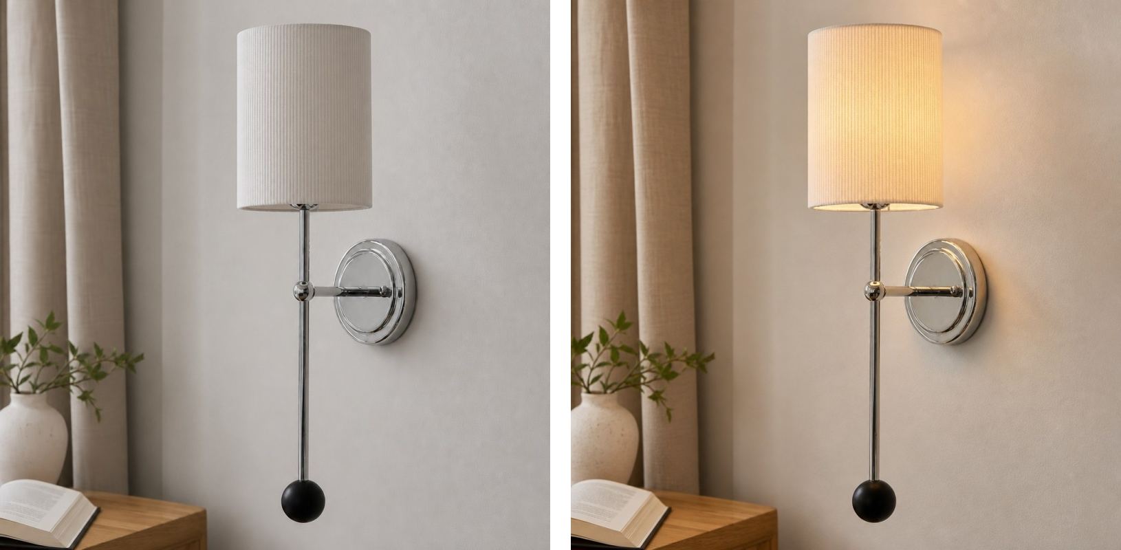Vergelijking van Cumoris wandlamp zonder en met warm licht
