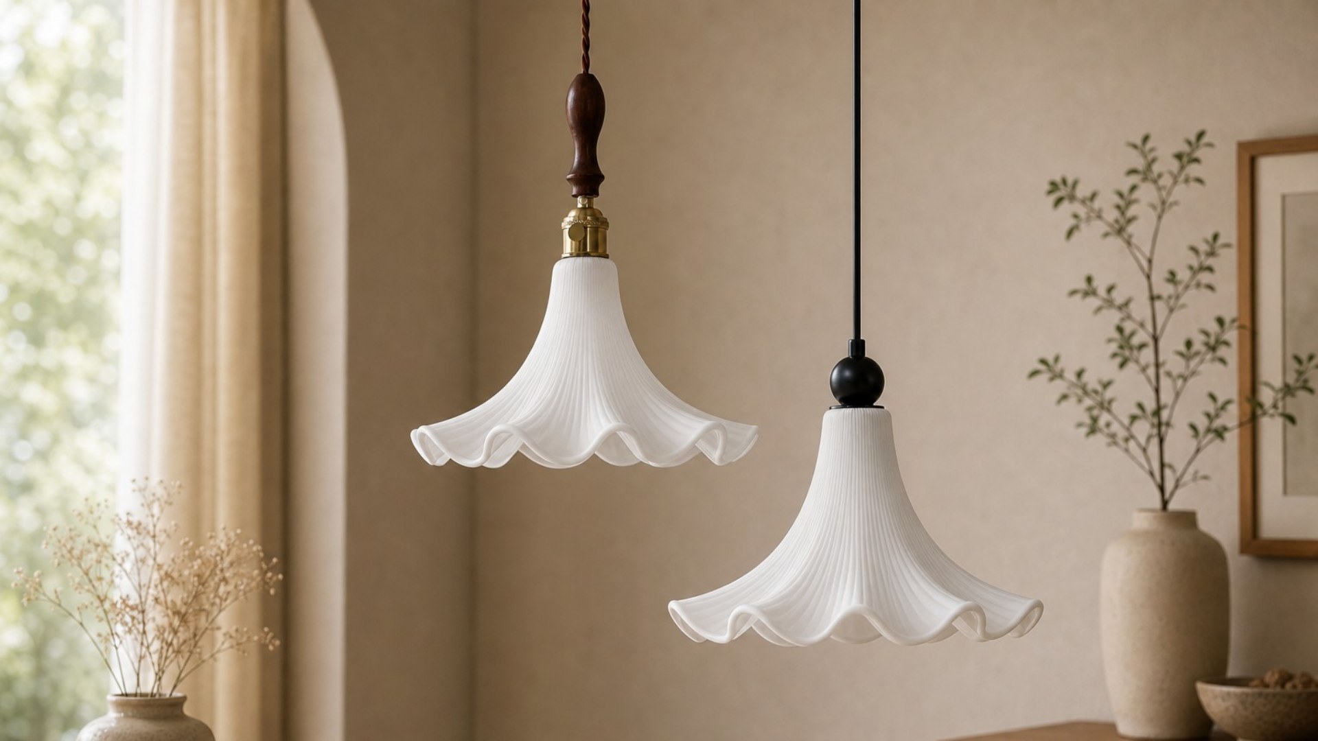 Twee Cazelle hanglampen in een rustig interieur