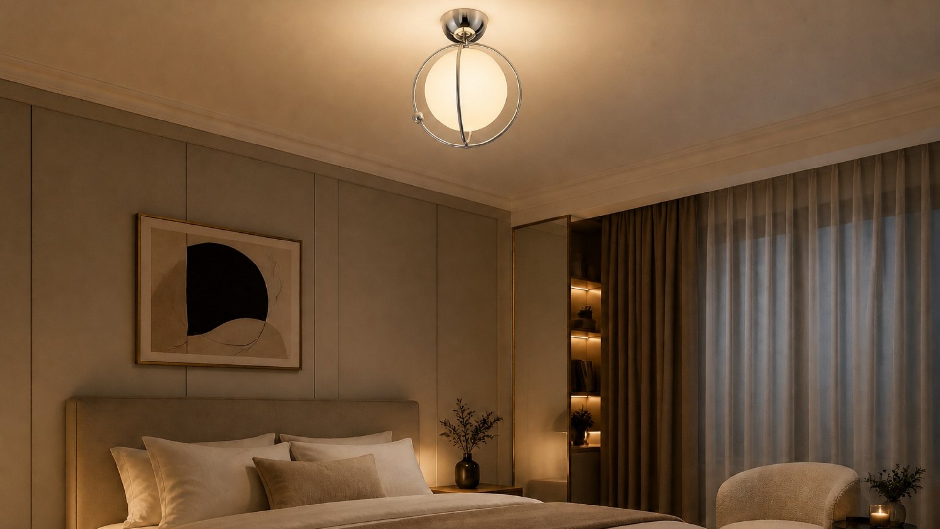 Kallera Planet plafondlamp in een warme slaapkamer