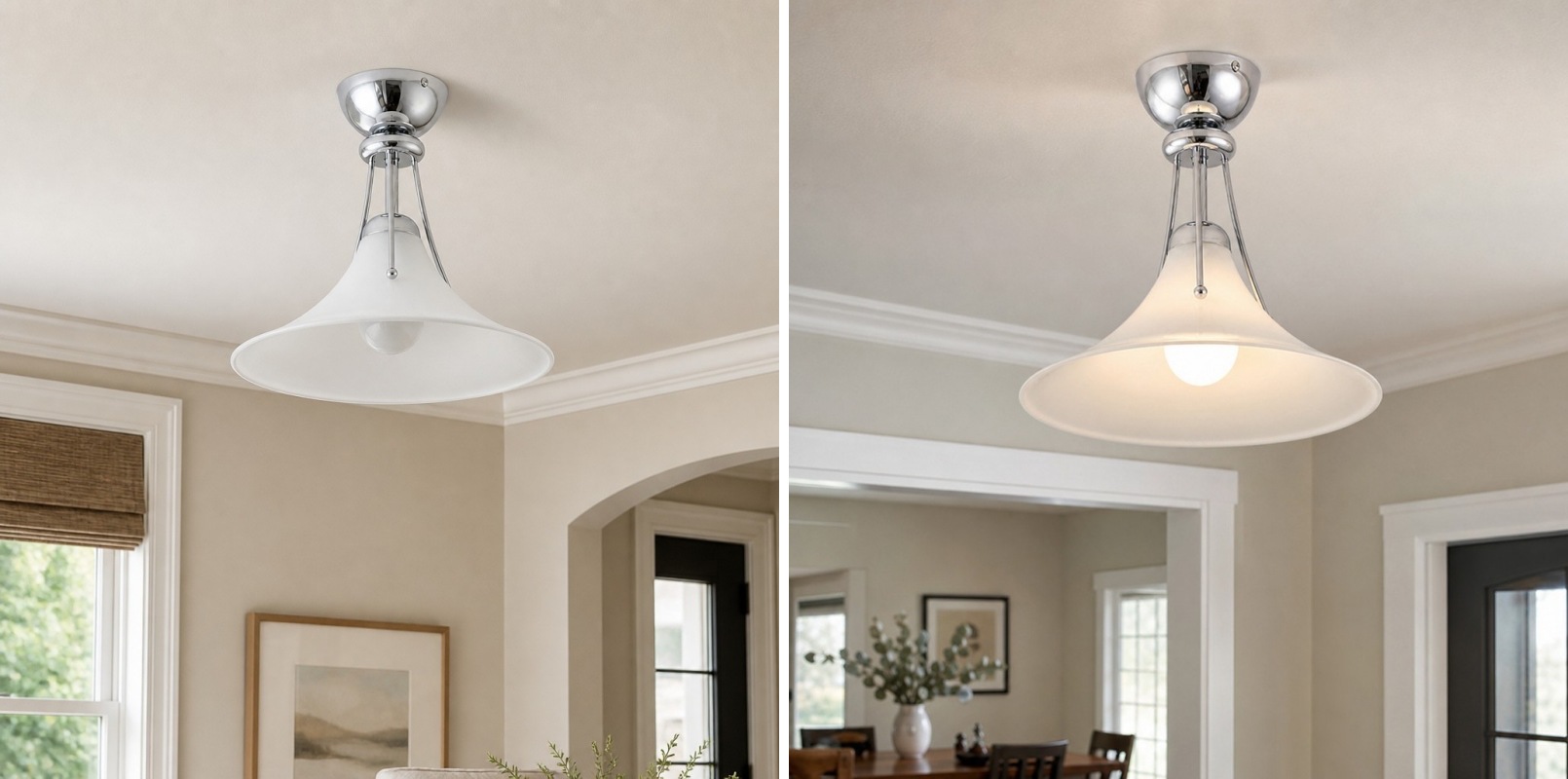 Confronto tra la lampada da soffitto Kallera Magnolia senza e con luce
