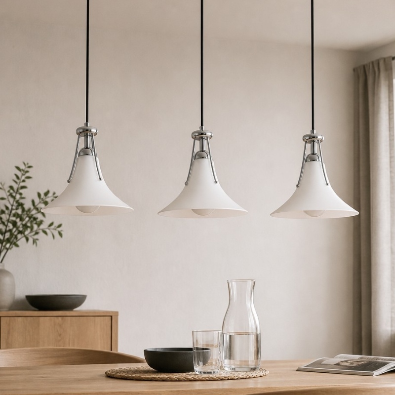 Drie Magnolia hanglampen boven tafel