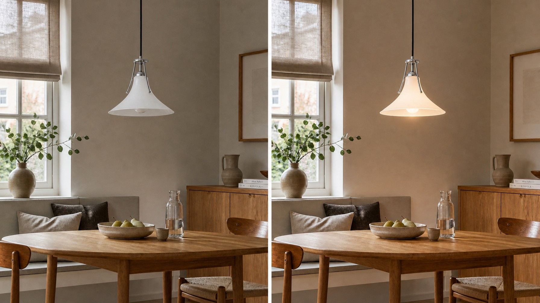 Vergelijking van Magnolia hanglamp uit en aan