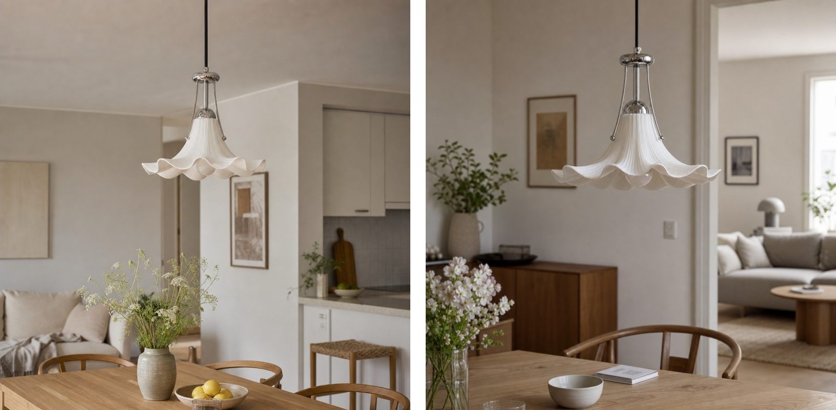 Twee woonkamerscènes met de Cazelle hanglamp