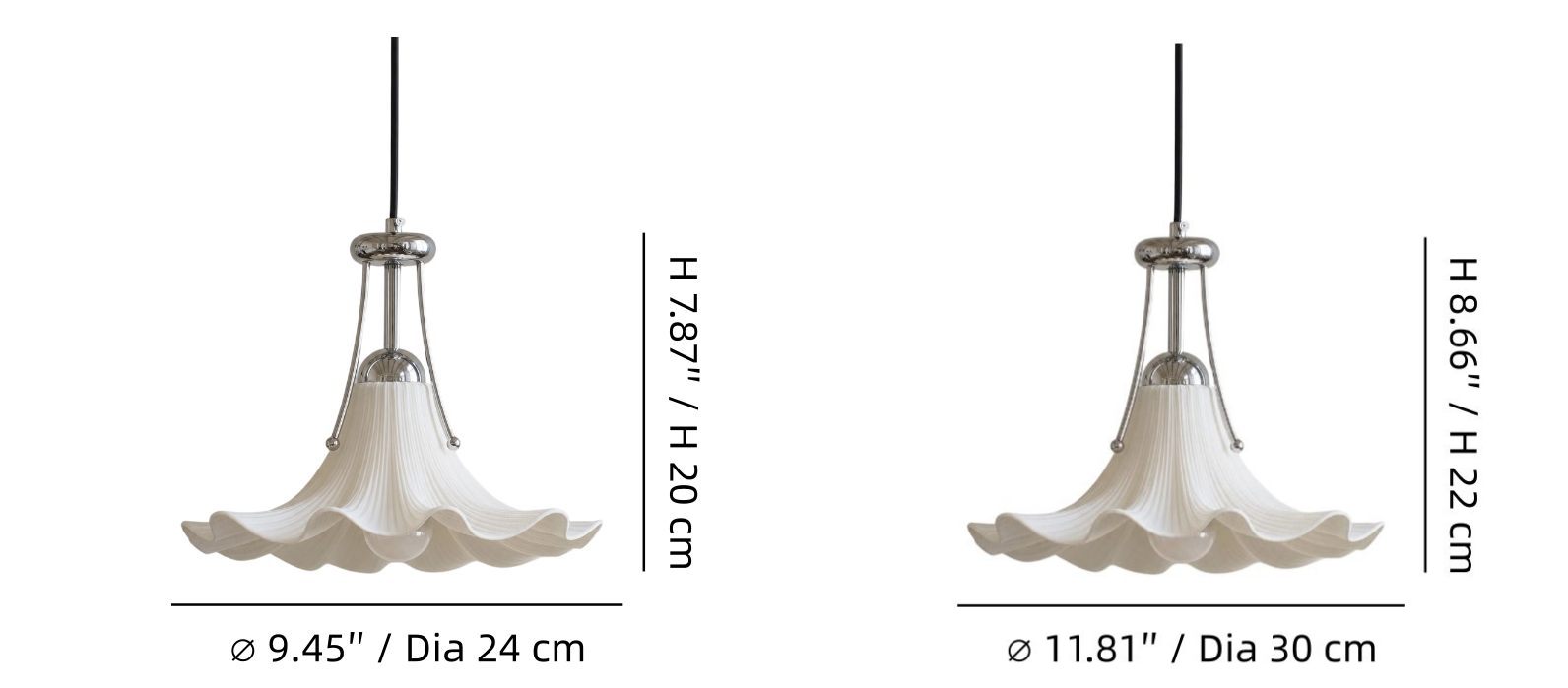 Afmetingen van de Cazelle hanglamp in 24 cm en 30 cm