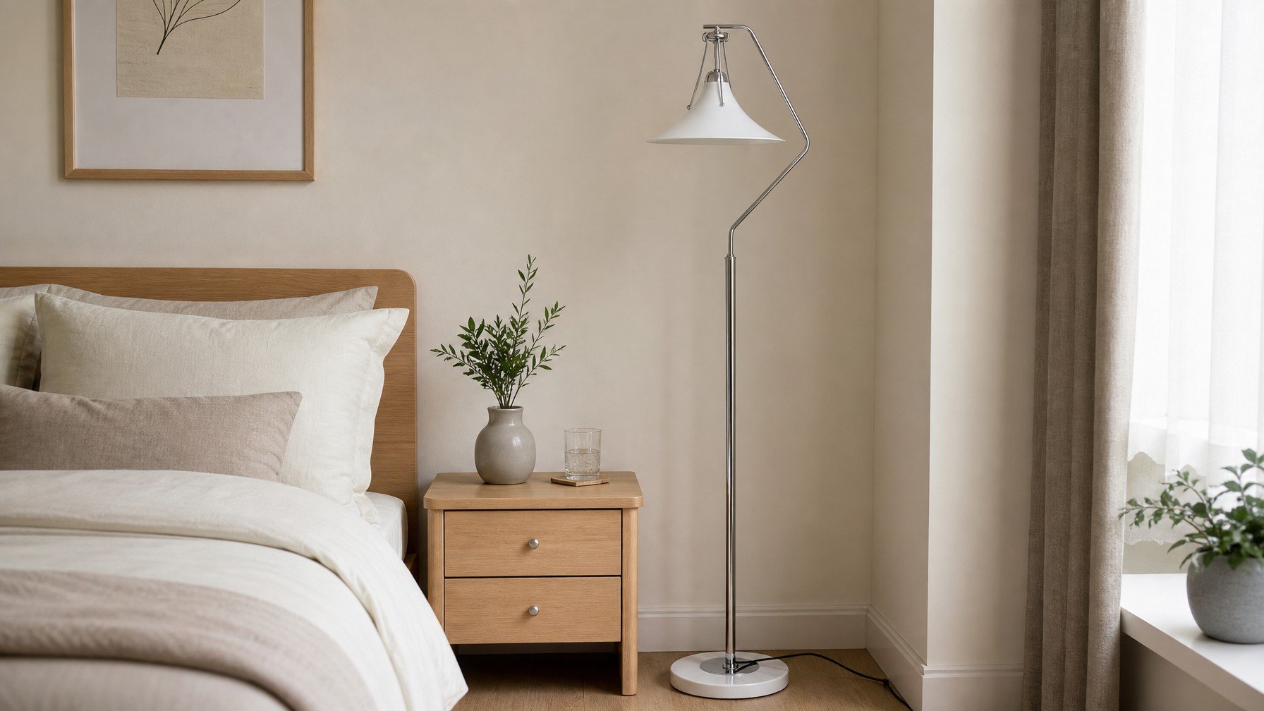 Magnolia vloerlamp naast een bed en raam