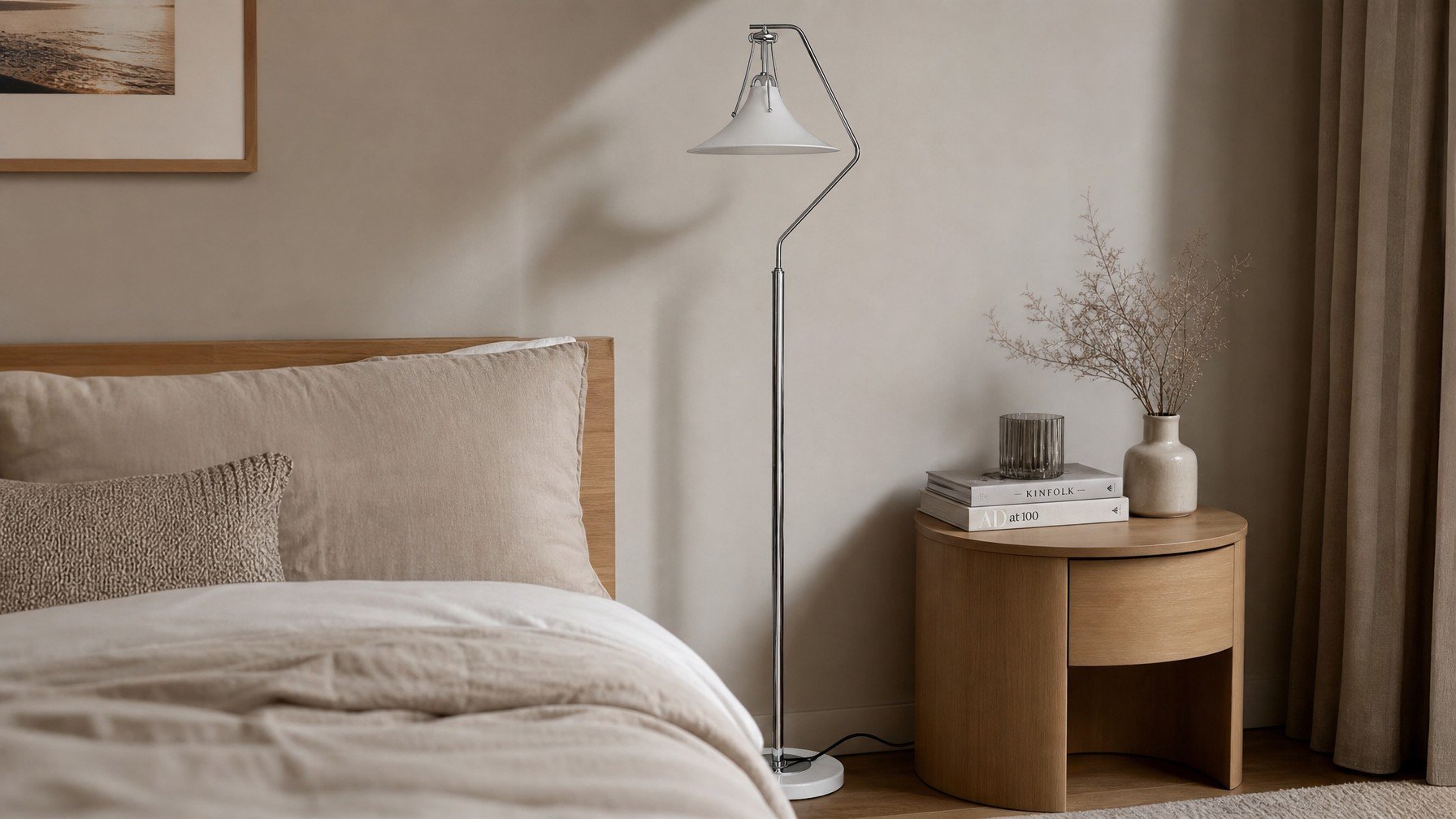 Magnolia vloerlamp naast een bed