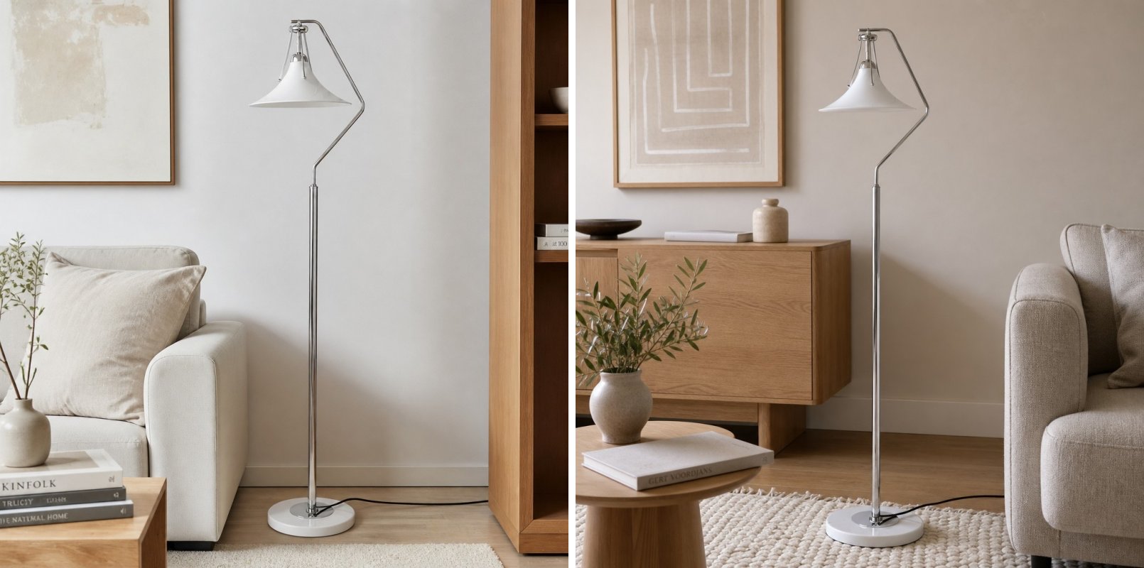 Twee interieurs met de Magnolia vloerlamp