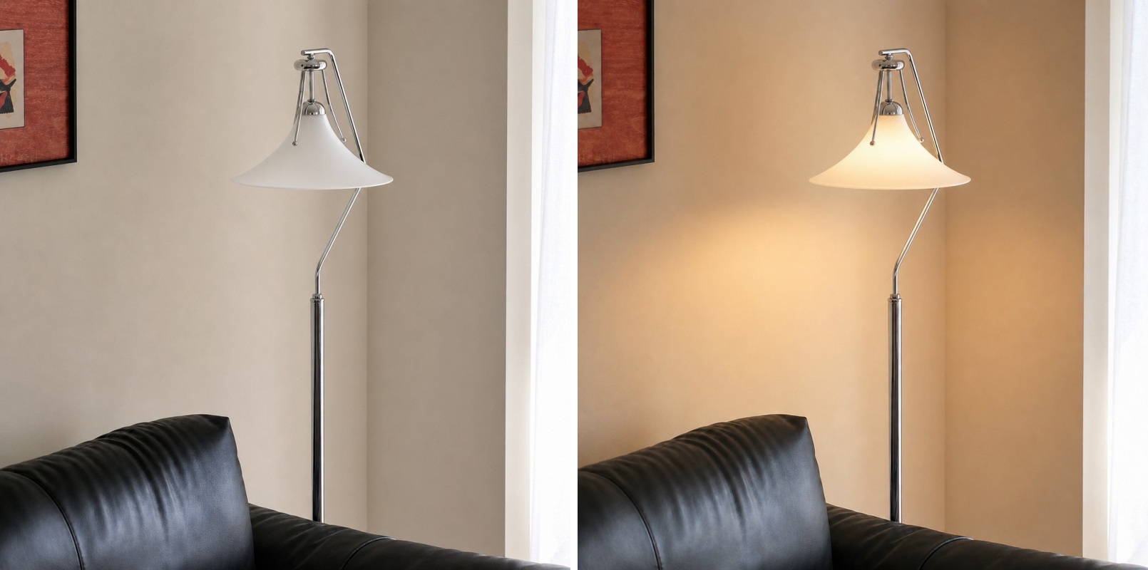 Vergelijking van de vloerlamp met licht uit en aan