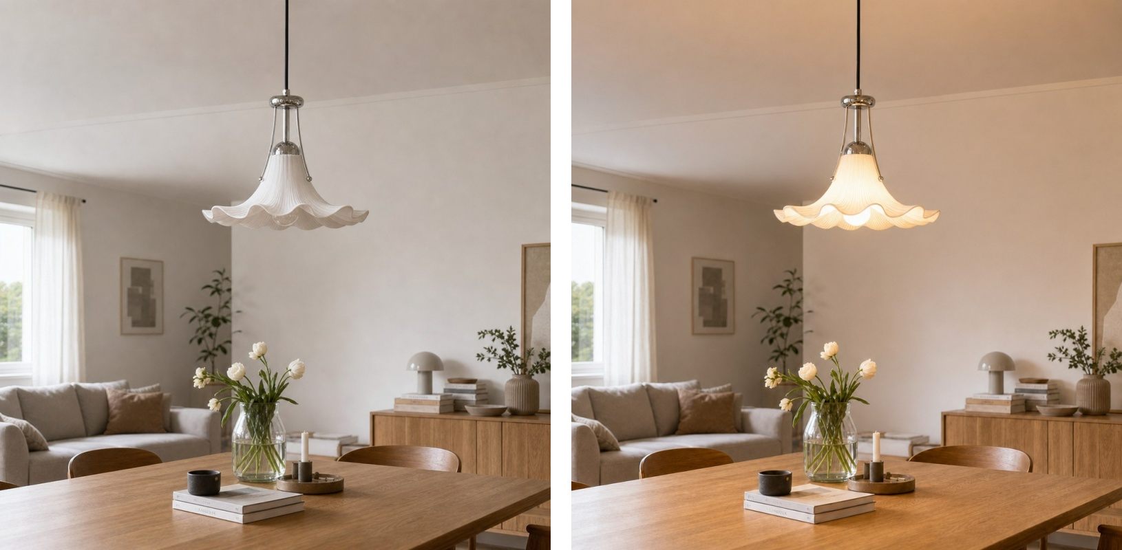 Vergelijking van Cazelle hanglamp zonder en met warm licht
