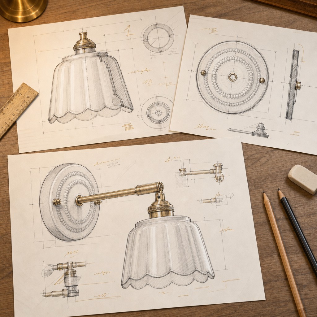 Ontwerptekeningen van de Cienax bloemenwandlamp