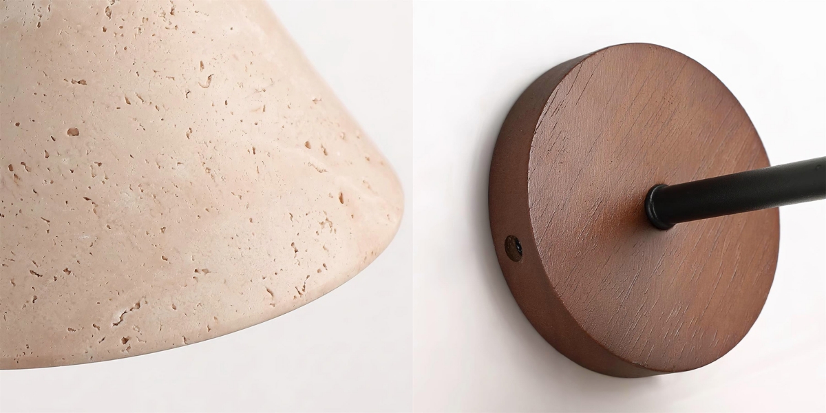 Close-up details of the travertine shade and wall plate construction