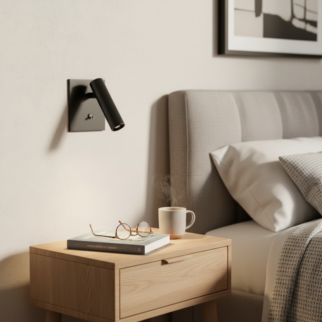 Slimlux wandlamp uitgeschakeld naast het bed