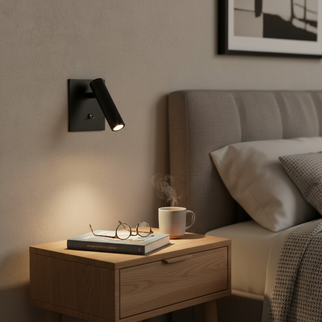 Slimlux wandlamp ingeschakeld naast het bed