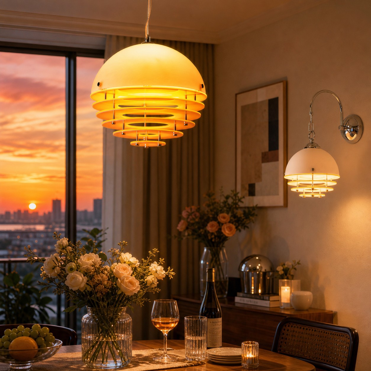 Bauhaus Sunset Pendant Lamp paired with the Afterglow Sunset Wall Lamp