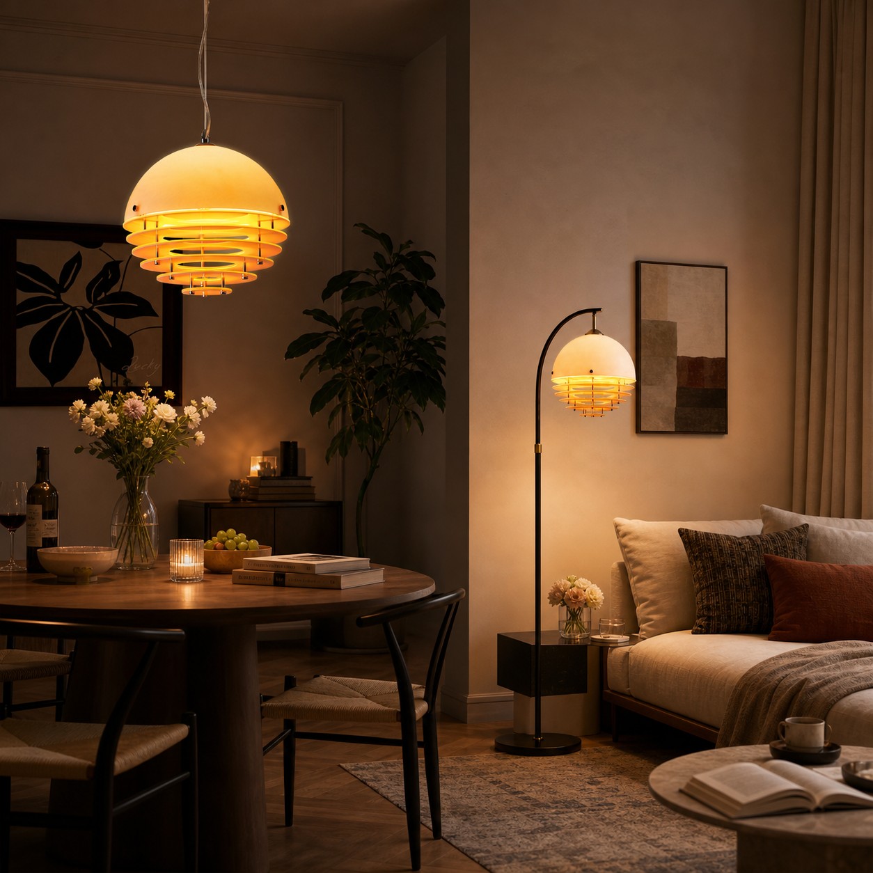 Bauhaus Sunset Pendant Lamp paired with the Afterglow Sunset Floor Lamp