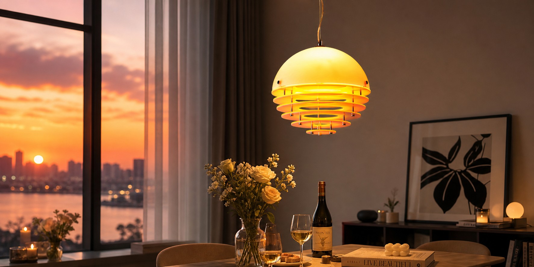 Bauhaus Sunset Pendant Lamp glowing above a dining table at sunset