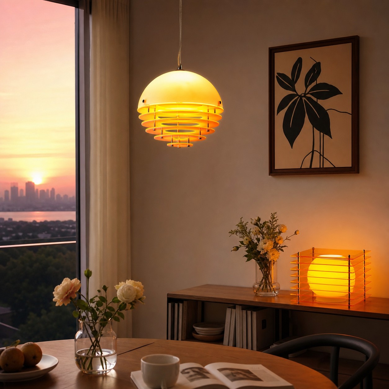 Bauhaus Sunset Pendant Lamp paired with the Afterglow Moon Table Lamp