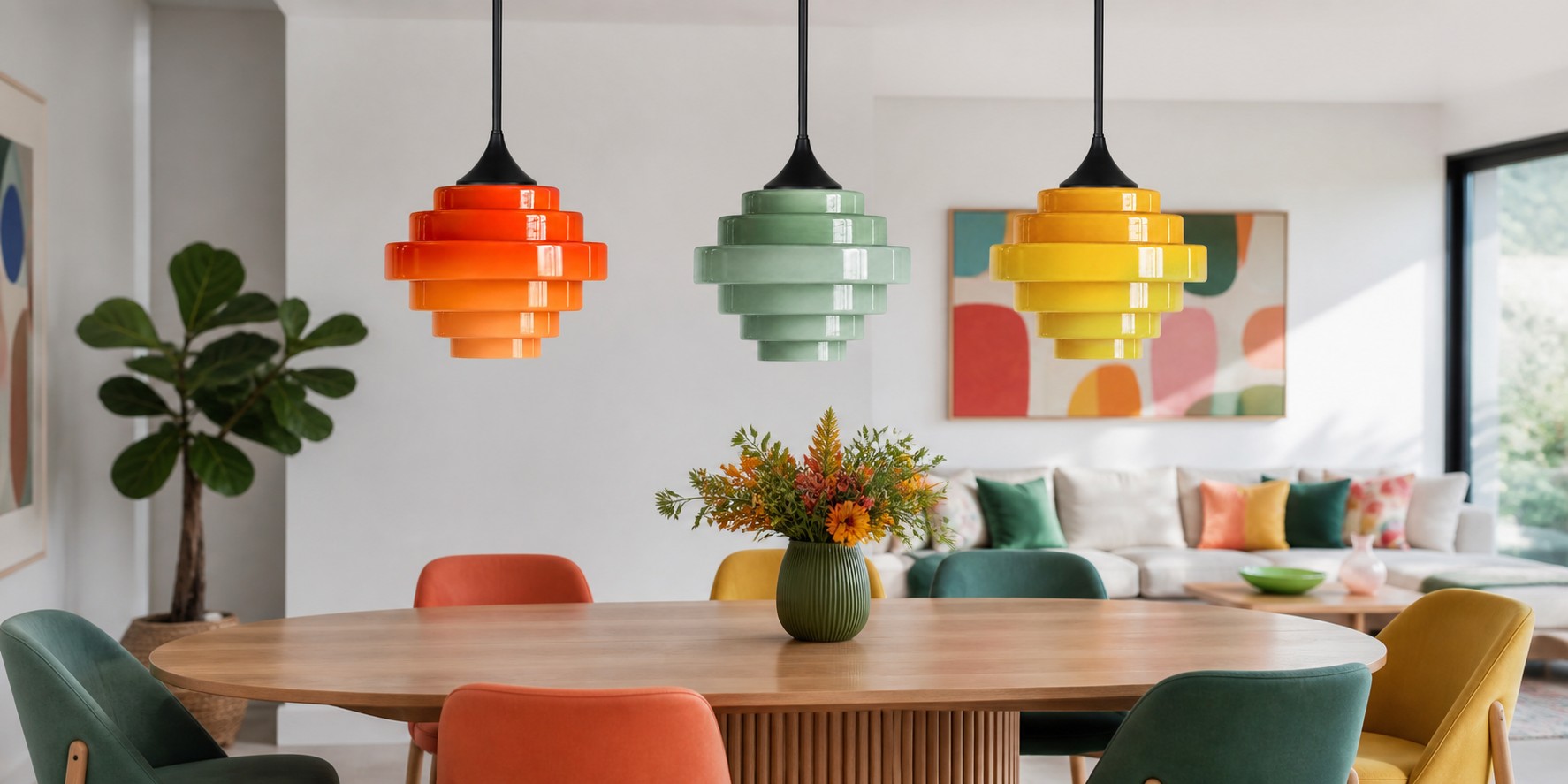 Orange, green and yellow Sanenos pendant lights above a dining table