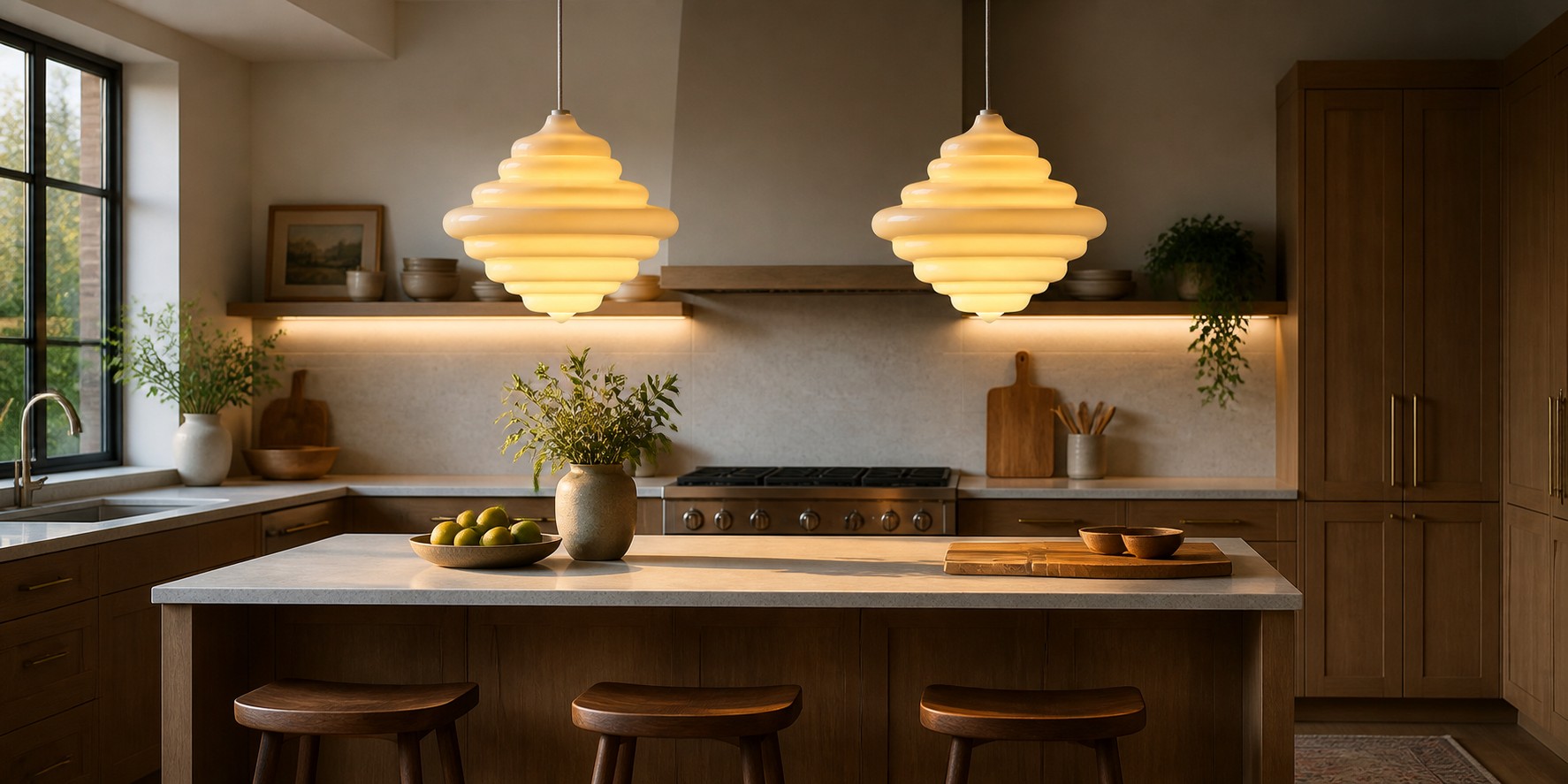 Two Space Age white glass pendant lights above a kitchen island