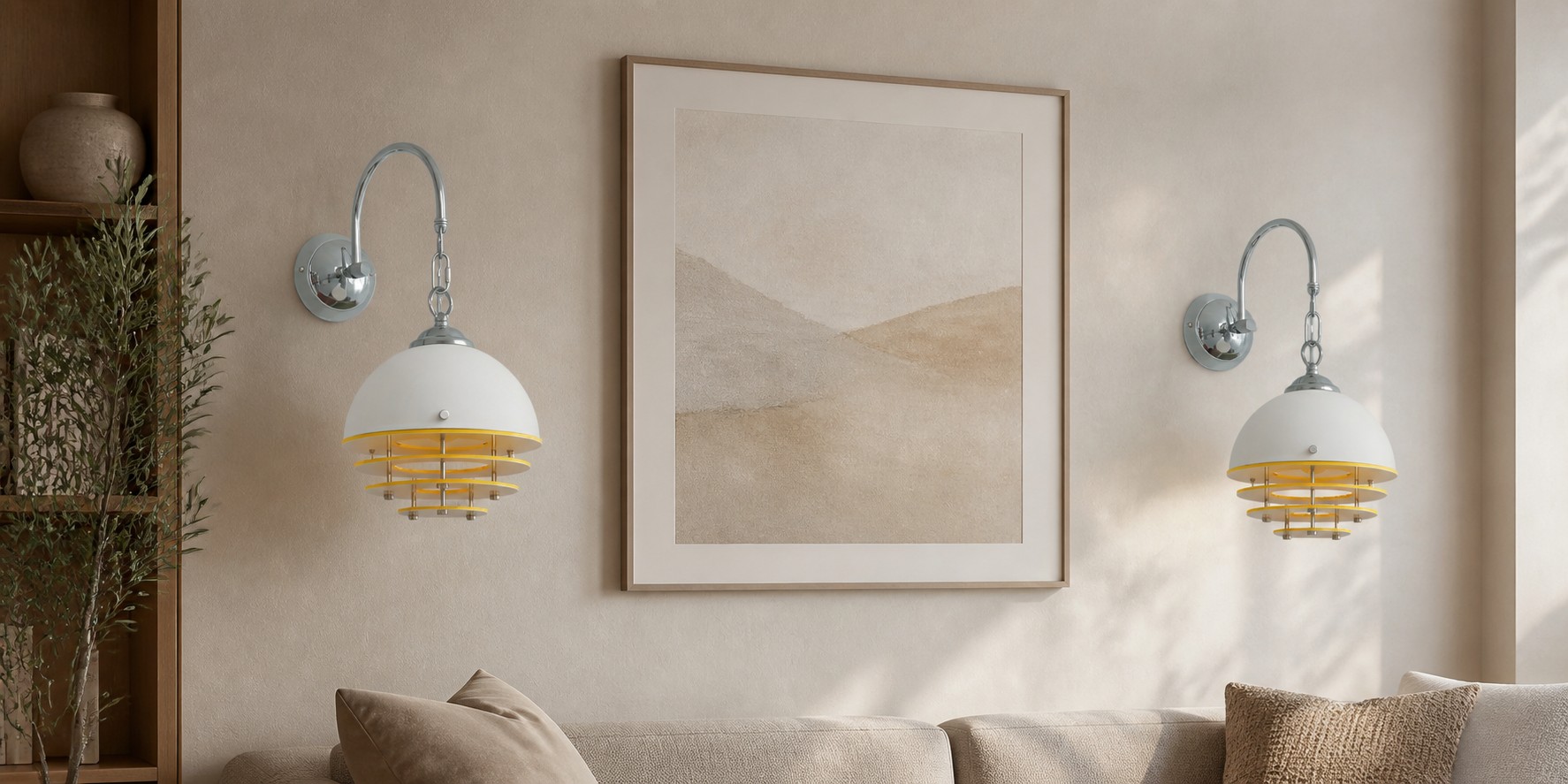 Two Afterglow Sunset wall sconces framing neutral artwork