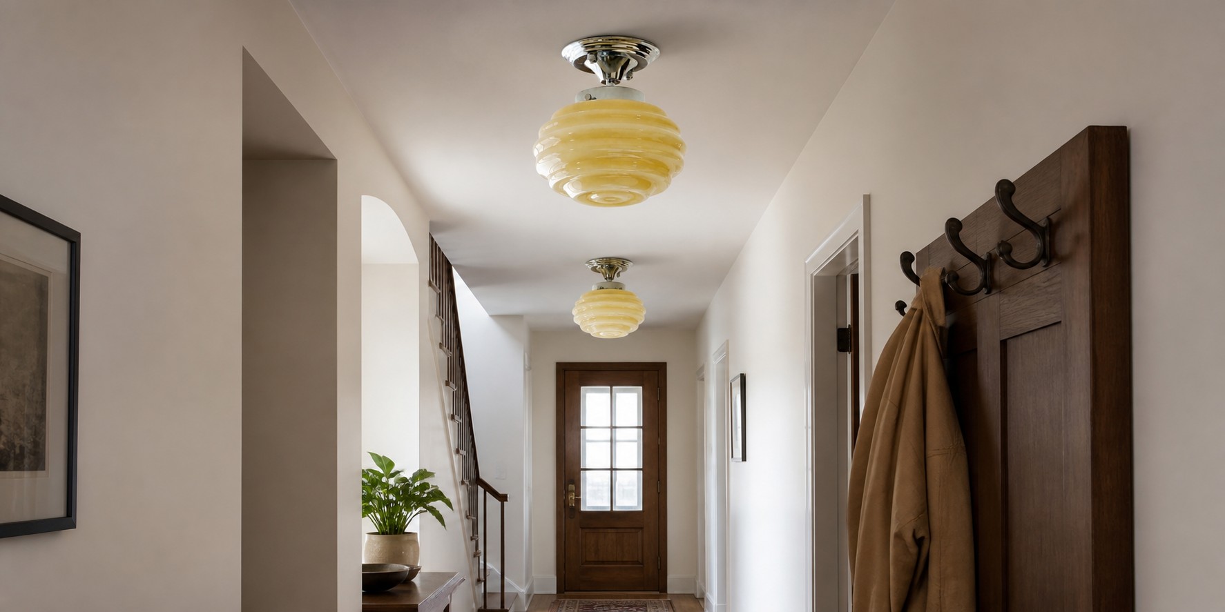 Two cream yellow Cirren glass ceiling lights in a hallway and entryway