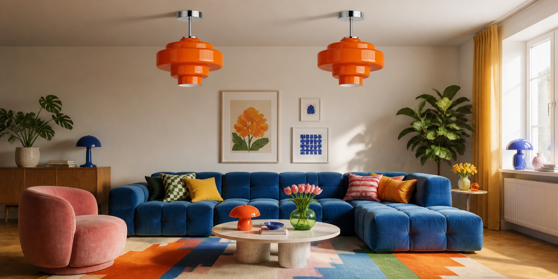 Two orange Koloro layered rounded glass ceiling lights in a room