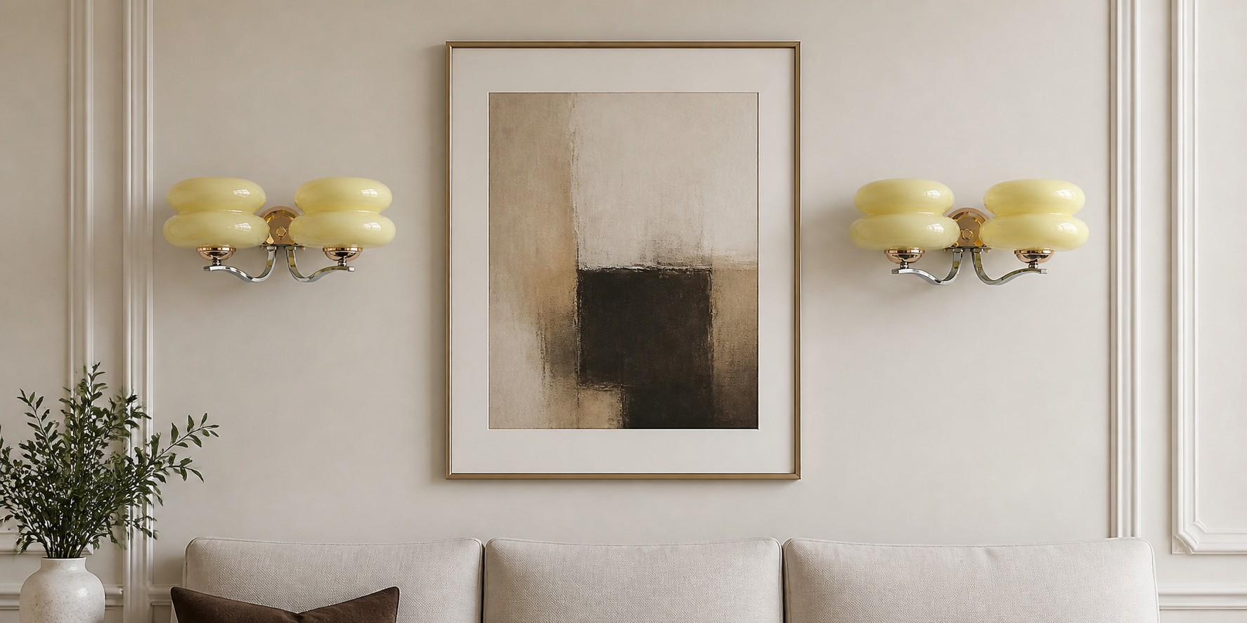 Bauhaus double-layer milk glass wall sconces in a living room
