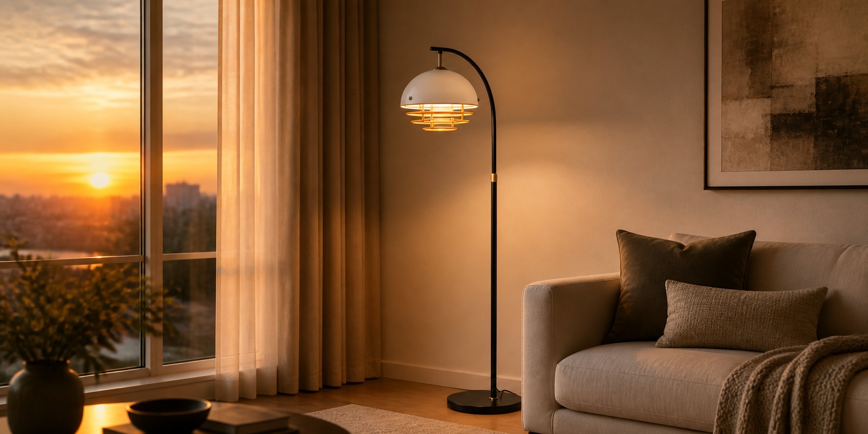 Afterglow curved floor lamp beside a sofa at sunset