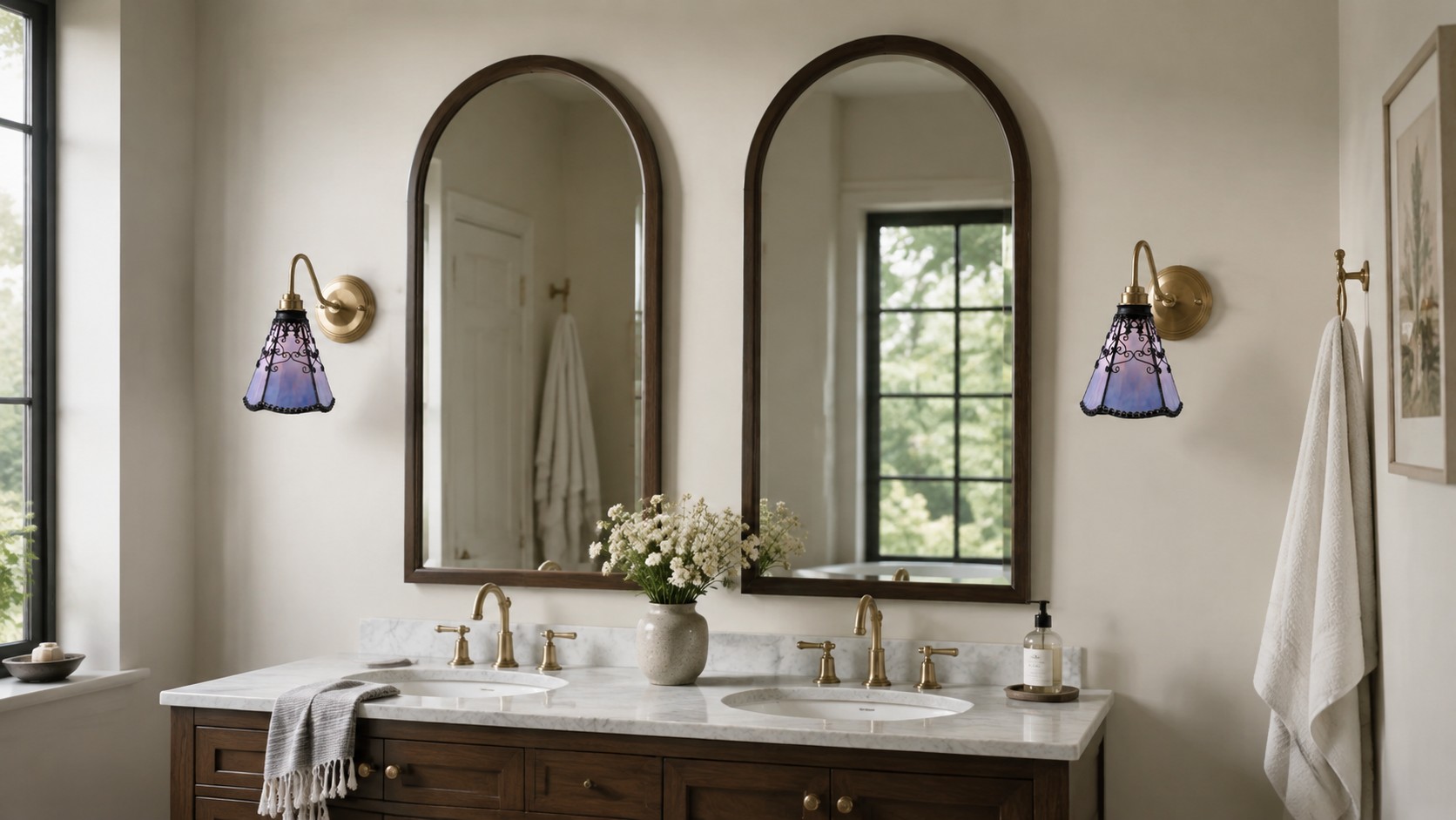 Pair of gradient purple stained glass sconces beside bathroom mirrors