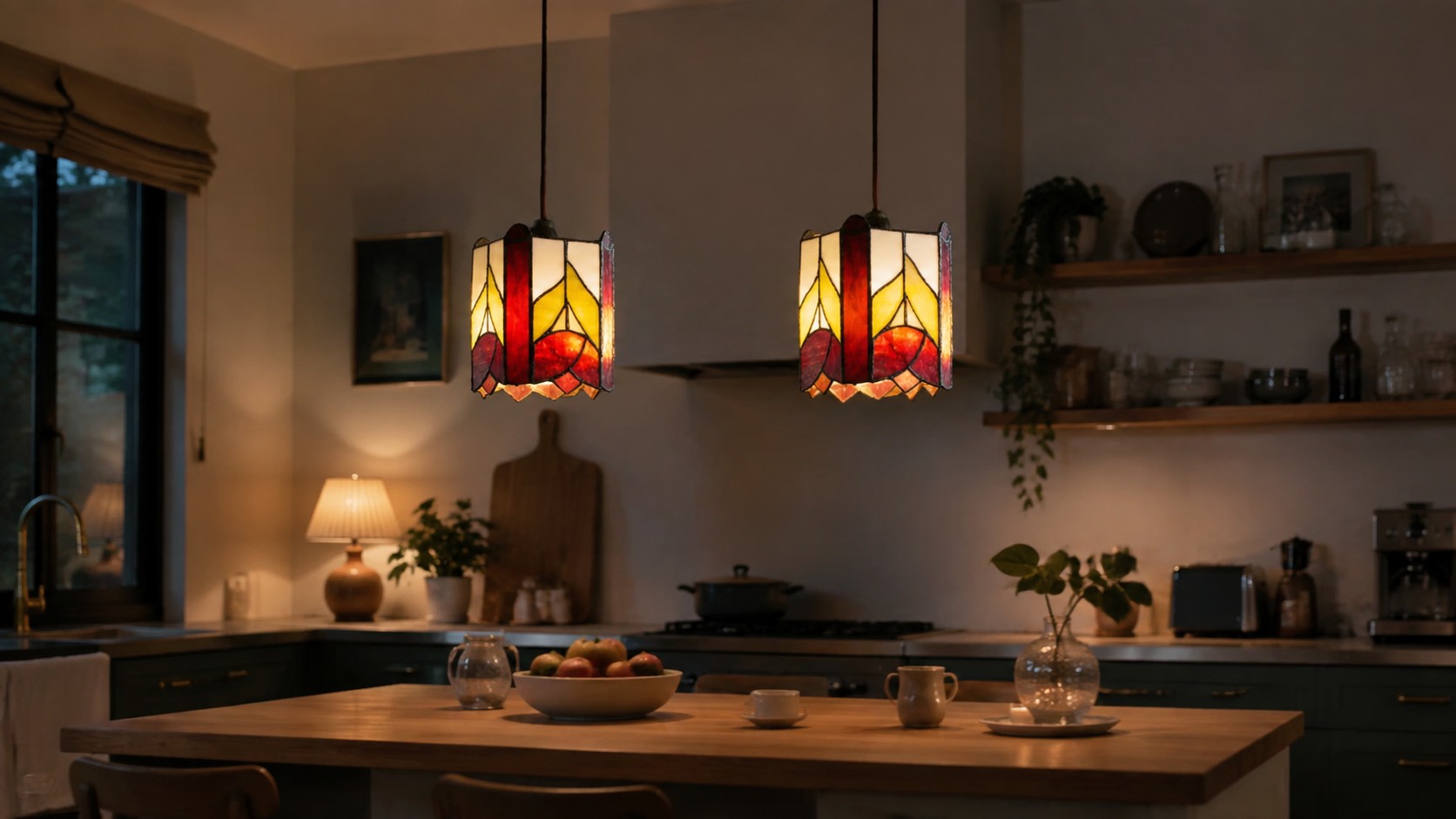 Two rose motif stained glass pendant lights over a kitchen island