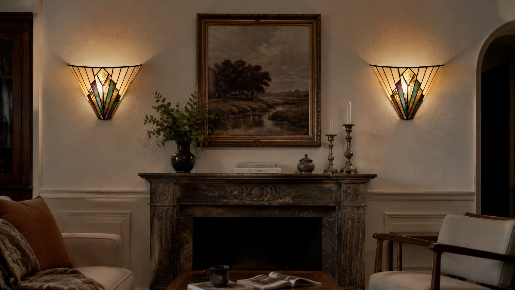 Pair of TF Astoria fan-shaped wall lamps in a living room