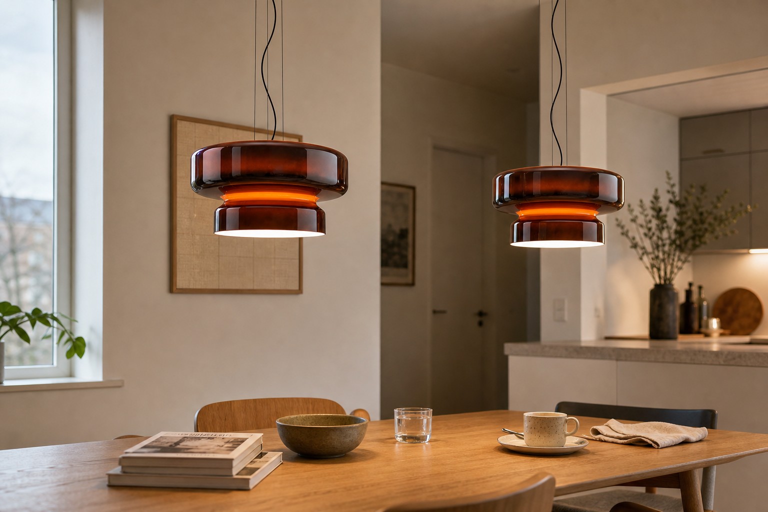 Bohemian colored glass pendant lights over a dining table