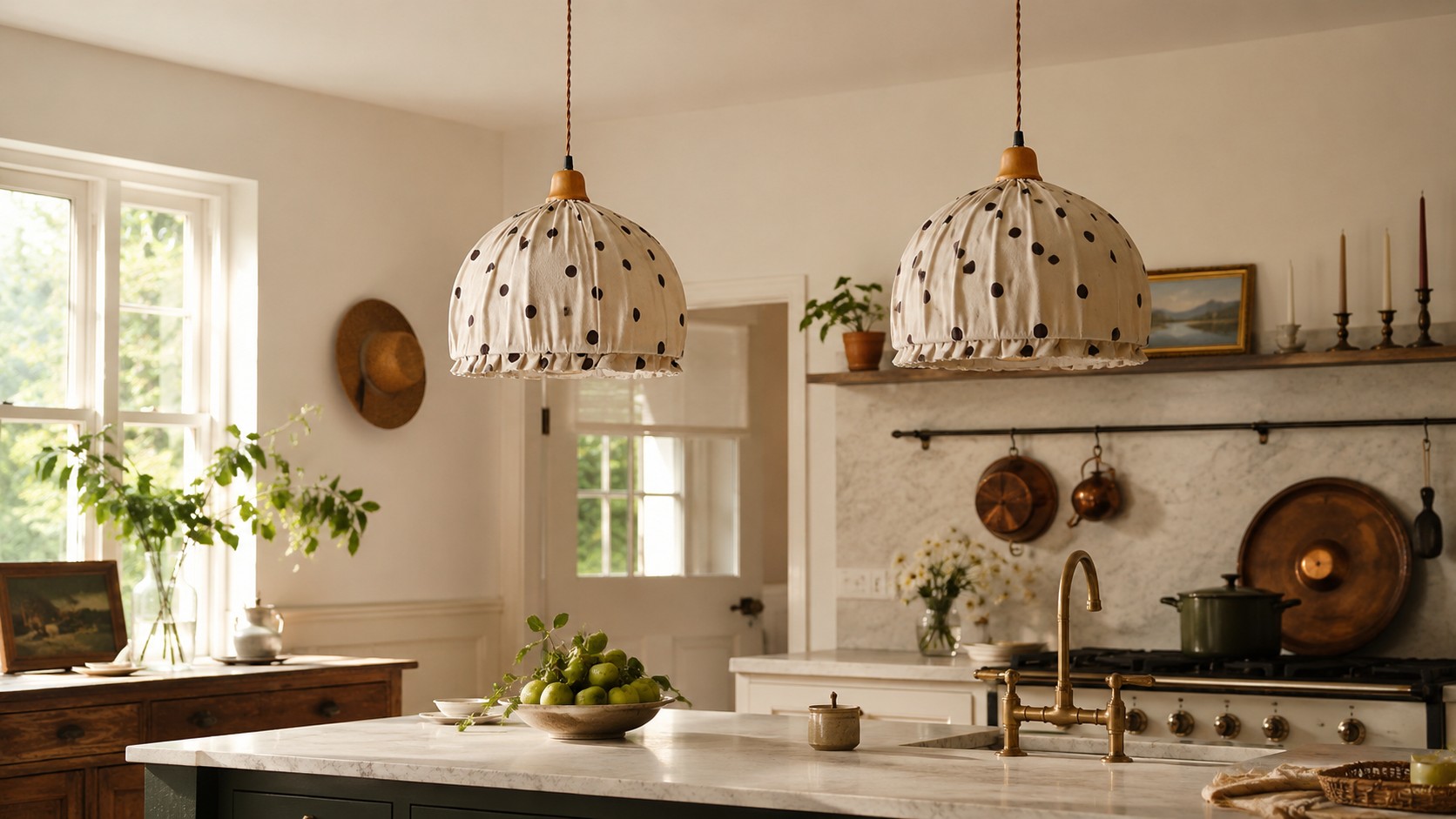 Ruched fabric pendant light in a warm interior