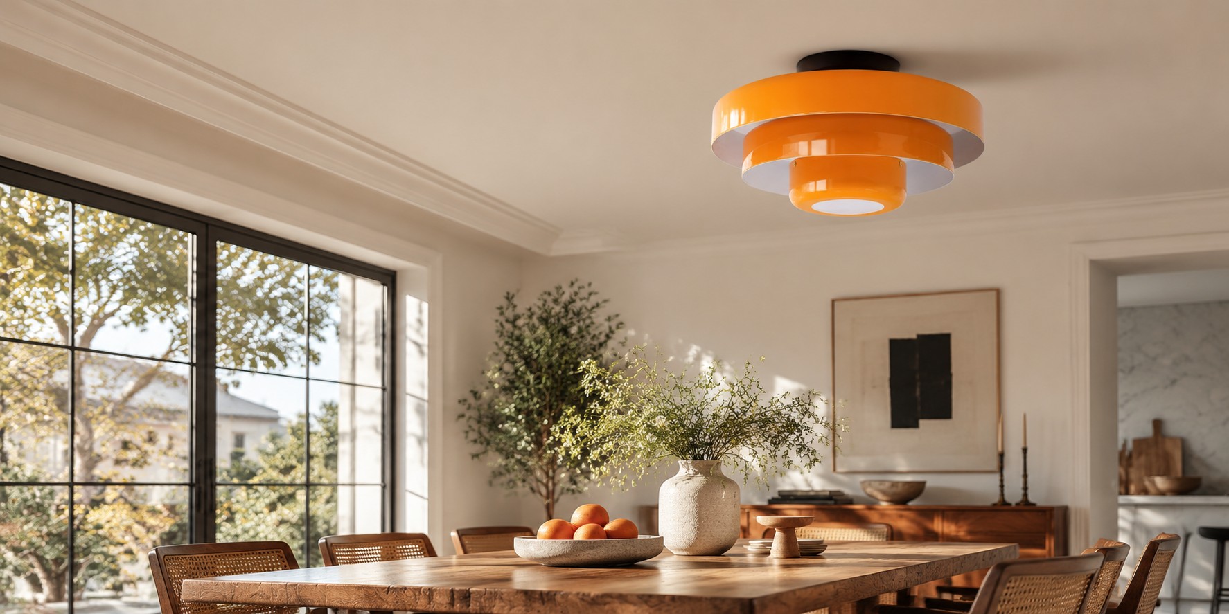 Orange Malero layered ceiling lamp above a dining table
