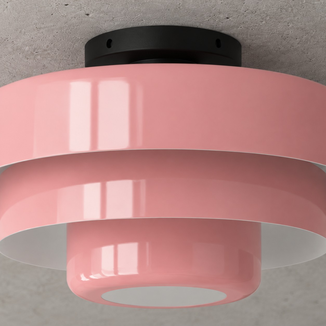 Pink painted metal finish and black ceiling base detail