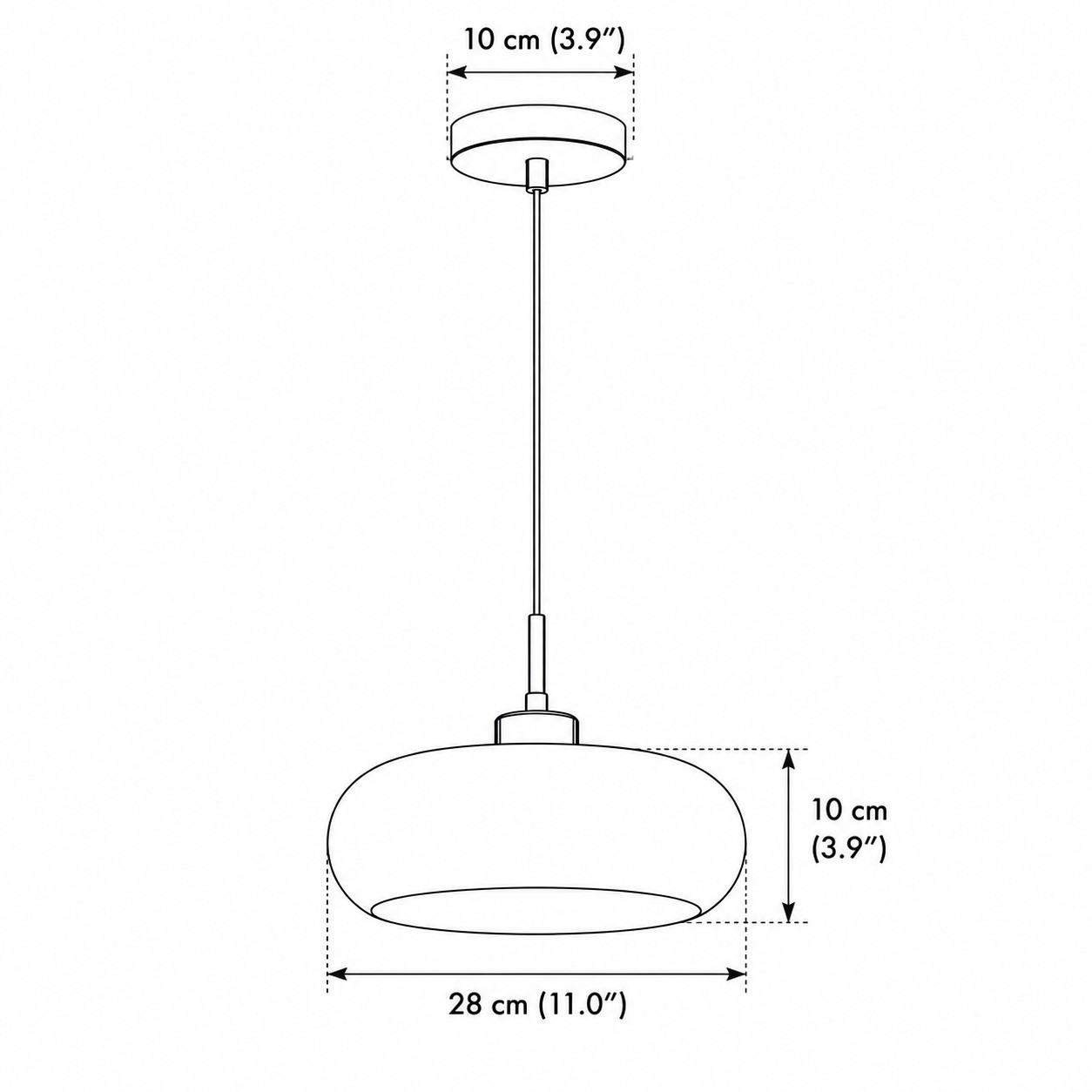 Bauvia pendant dimensions: 28 cm wide and 10 cm high, with 10 cm canopy