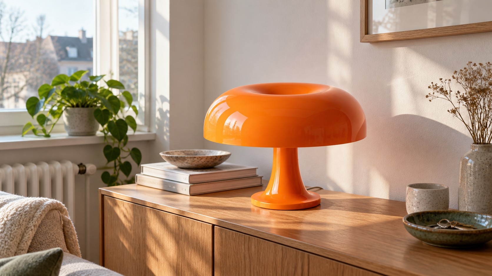 Orange mushroom table lamp on a wooden cabinet in a sunlit room